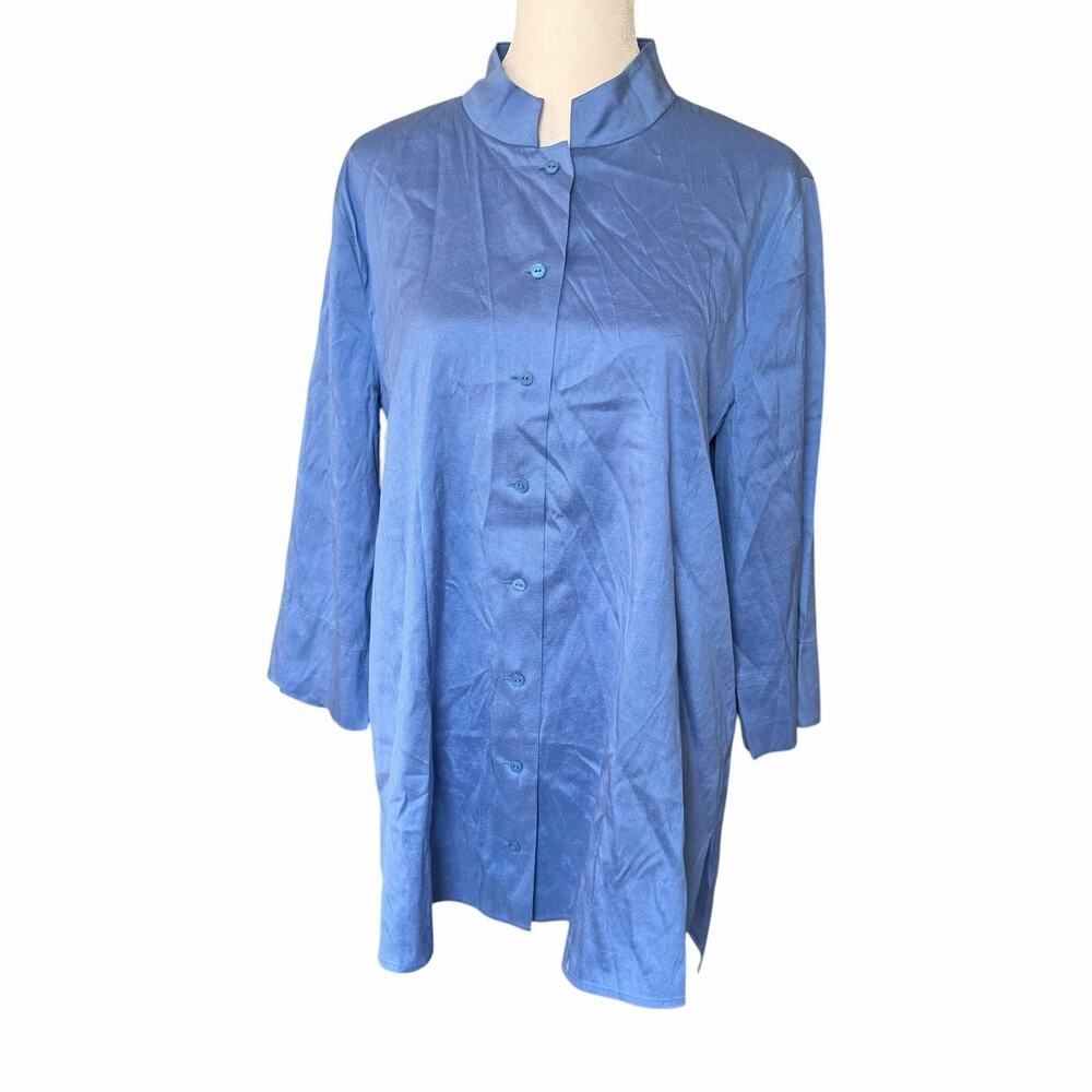 Elieen Fisher Womens Medium Silk Blouse Blue Mandarin Collar Button Front Top